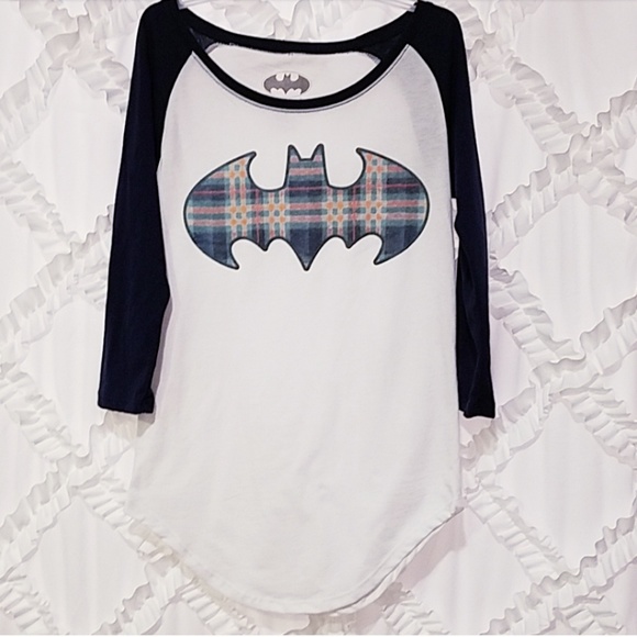 Batman Tops - Batman Navy White Plaid Logo Raglan Baseball Shirt